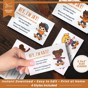 Bewerkbare visitekaartje voor speeldatum voor kinderen, info-uitwisselingskaart, contact houden voor speeldatum, gamertag afdrukbaar voor meetup, skater boy girl