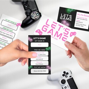 Contactgegevens voor kinderen Uitwisselingskaart voor tieners, gepersonaliseerde gamertag om contact te houden voor speeldatums, gamerkaarten voor meetups, virtuele uitnodigingen