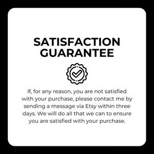 Satisfaction guarantee graphic with checkmark icon and text encouraging Etsy buyers to contact the shop within three days if they are not satisfied with their purchase.