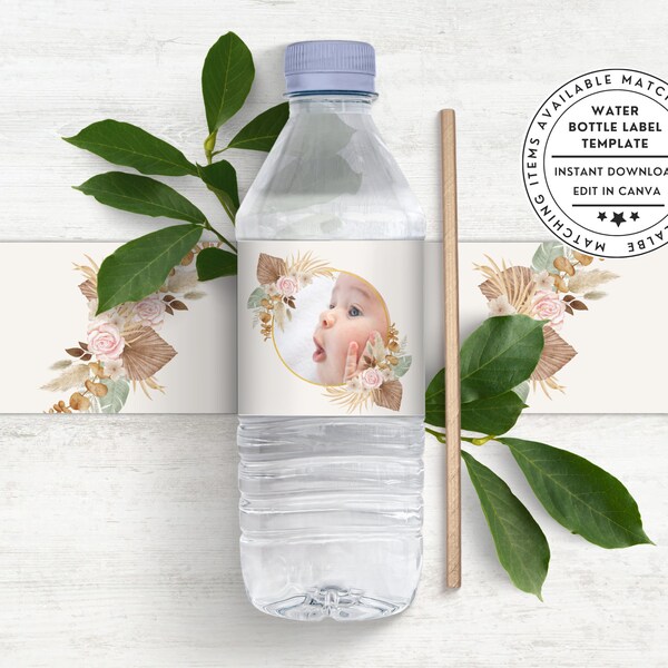 Baptism Water Bottle Label Template | Christening Water Label | Printable Sticker | Boho Floral Arch Holy Communion Labels Mi Bautizo Party