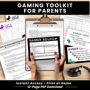 Gamingtoolkit voor ouders, afdrukbare gamercode, schermtijdregels, visitekaartjes en tagtrackers,