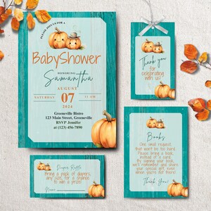 Pompoen babyshower uitnodiging, bewerkbare herfst babyshower, kleine pompoen gender Reveal uitnodigingssuite, afdrukbare herfst thema luierloterij