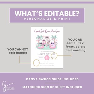 The image is a neutral background with black text. The text says what's editable. You can edit text color, text font, all wording. An example of the template with lines pointing to what can be edited is in the center of the image.