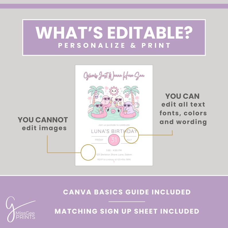 The image is a neutral background with black text. The text says what's editable. You can edit text color, text font, all wording. An example of the template with lines pointing to what can be edited is in the center of the image.