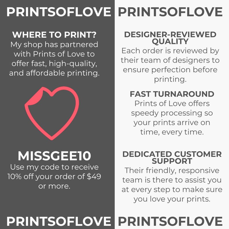Prints of Love partner information graphic describing professional printing, designer-reviewed quality, fast turnaround, customer support, and a 10% discount code for qualifying orders.