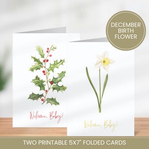 Cartão de chá de bebê para imprimir para novos pais, cartão de boas-vindas ao bebê, flor do mês de nascimento de dezembro, presente de aquarela de azevinho e narciso para recém-nascido