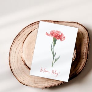 Cartão de boas-vindas para bebê, cartão de chá de bebê para impressão para novos pais, flor do mês de nascimento de janeiro, presente de cravo de floco de neve em aquarela para recém-nascidos