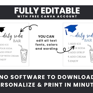 Comparison image showing the dirty soda bar sign before and after customization. Text explains that users can edit wording, fonts, and colors in Canva without downloading software.