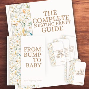 Guide imprimable de la liste de contrôle du planificateur de baby shower, des idées de fête pour la nidification, un journal de grossesse et des cartes de confirmation pour la future maman