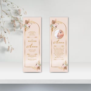Rustic Pink Baptism Favors, Custom Editable Personalized Printable Boho Christening Bookmark, Gold Arch Wildflower First Communion Bookmarks