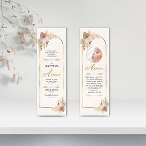 Lembrancinhas de batismo rústicas rosa, marcadores de livro de batismo boho personalizados editáveis e imprimíveis, marcadores de livro de primeira comunhão com arco dourado e flores silvestres