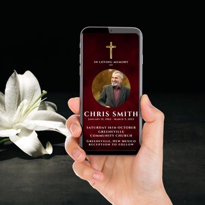 May include: A red and gold smartphone screen displays a memorial announcement for Chris Smith. The announcement includes a photo of Chris, the dates January 12, 1962 - March 3, 2023, and details for a memorial service at the Greeneville Community Church on Saturday, October 16th.