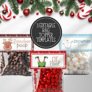 Relleno de calcetines, divertidos dulces navideños, caca de reno, caca de muñeco de nieve, caca de elfo, etiquetas de regalo imprimibles, adornos para bolsas de golosinas, bocadillos navideños para niños