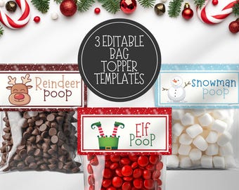 Funny Christmas Treat Bag Toppers: Reindeer, Snowman, Elf Printable Gift Tags (Digital Download)