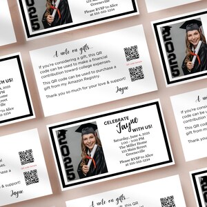 Redigerbar mall för examensfestinbjudan: Anpassat QR-kodinläggskort
