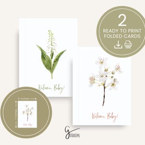 Tarjeta de bienvenida para bebé, tarjeta imprimible para baby shower para nuevos padres, flor del mes de nacimiento de mayo, lirio de los valles y espino de acuarela, regalo para recién nacido