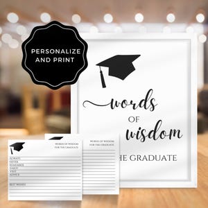 Letrero de graduación con palabras de sabiduría, tarjetas editables con deseos y consejos para la fiesta de graduación, letrero imprimible para la fiesta de graduación de la universidad, letrero con consejos