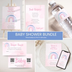 Bundle d'invitations pour baby shower, thème arc-en-ciel, panneau de bienvenue modifiable petit rayon de soleil, carte d'insertion de demande de livre de décoration de fête rose pastel