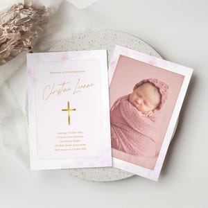 Baptism Invitation for Girl, Editable Pink Template, Customizable Christening Invite Elegant Design, Naming Day Celebration Card Gold Cross