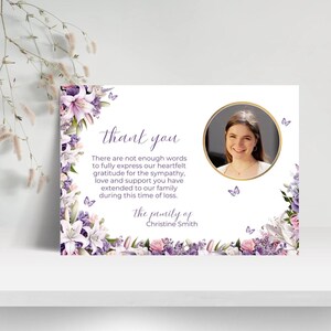 Modèle de carte modifiable pour les funérailles, remerciements floraux papillon pour célébration de la vie, téléchargement immédiat cartes commémoratives simples modernes