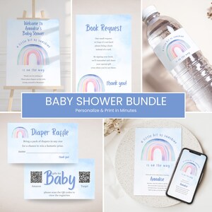 Bundle d'invitations pour baby shower, thème arc-en-ciel, suite d'invitations Un peu de soleil, plaque de bienvenue modifiable, carte d'insertion de demande de livre bleu