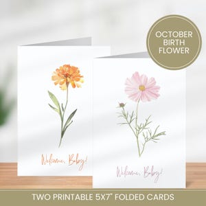 Tarjeta de bienvenida para bebé imprimible para nuevos padres, tarjeta de bienvenida, flor del mes de nacimiento de octubre, regalo de acuarela Cosmos Marigold para recién nacido.