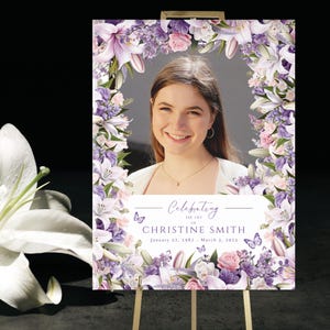 Butterfly Funeral Welcome Sign, Celebration of Life Floral Memorial Poster, Purple Butterflies Photo Board Template, In Loving Memory