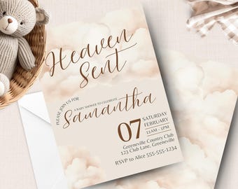 Heaven Sent Baby Shower Invitation: Gender Neutral Cloud Design (Digital Download)