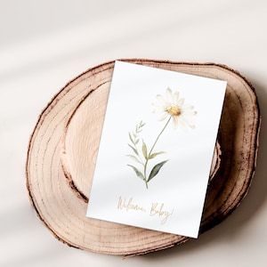 Tarjeta de bienvenida para bebé, tarjeta imprimible para baby shower para nuevos padres, flor del mes de nacimiento de abril, regalo de margarita de guisante dulce en acuarela para recién nacido