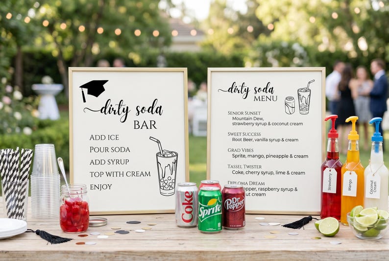 Editable graduation dirty soda bar sign and menu displayed in gold frames on an outdoor party table with soda cans, syrup bottles, cups, and drink garnishes. Text highlights a customizable dirty soda station for graduation celebrations.