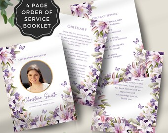 Editable Funeral Program Template | 4 page Celebration of Life Butterly Floral Funeral Invitation | Instant Download Modern Simple Memorial