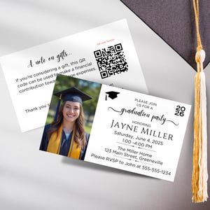 May include: A graduation party invitation and a gift note. The invitation is white with black text, including the graduate's name, date, time, and location. A QR code is on the gift note.