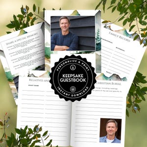 May include: A green and blue watercolour background with a black and white circle that says "Personalize & Print Keepsake Guestbook Instant Download". The image also shows a page from a guestbook with the text "Share a Special Memory" and "Relatives and Guest Name".