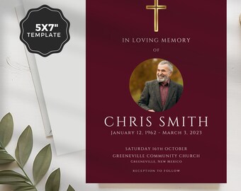 Memorial Service Invitation Template | Gold Cross Celebration Of Life | Printable Obituary | Editable Printable Funeral Flyer Canva |