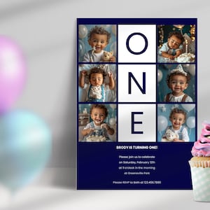 Faire-part premier anniversaire, invitation 1er anniversaire de garçon modifiable, carte photo simple, fête unique de bébé, bloc coloré moderne imprimable