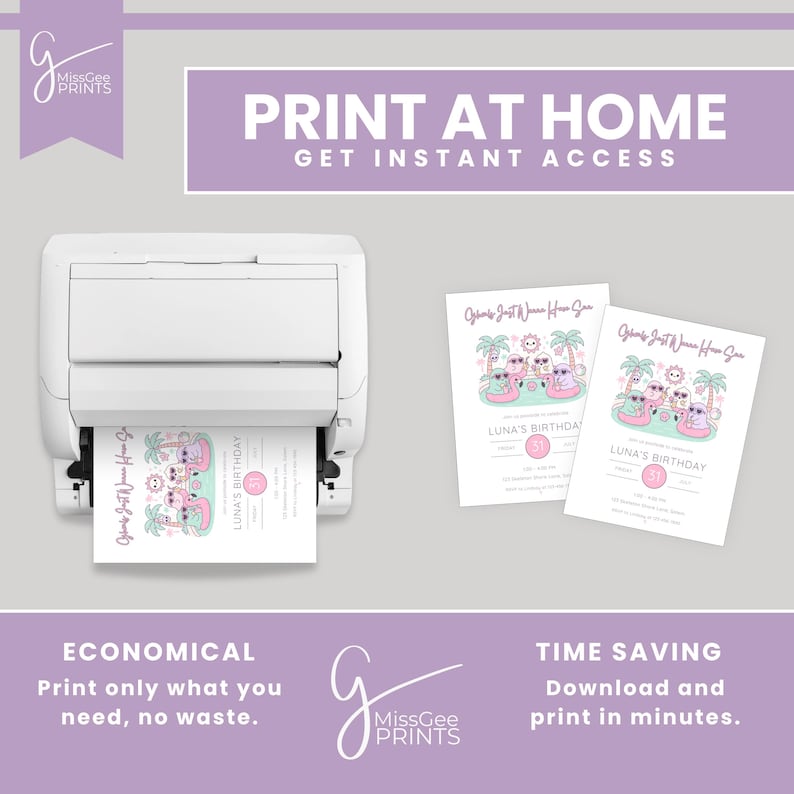 The image is a neutral background with black text. The text says Print at home. Get Instant Access. Economical- print only what you need, no waste. Time Saving- purchase and print in minutes. In the middle of the image is a printer with the template being printed. There's also an example of the template printed out.