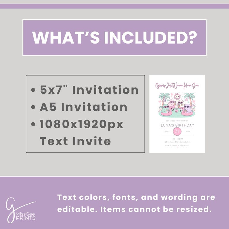 What's included? 5x7" Invitation, A5 Invitation, 1080x1920px Text Invite are included. Text colors, fonts, and wording are editable. Items cannot be resized.