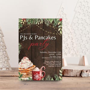 Invitación a fiesta de Navidad, invitación a desayuno, fiesta de panqueques y pijamas, invitación a pijamada navideña, invitación con texto para brunch navideño, fiesta infantil de Navidad