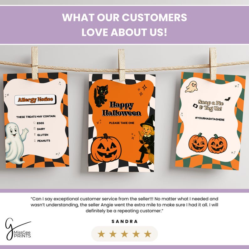 An example of an Etsy listing is shown. At the top of the image is text that says what our customers love about us. Below the image is text that says, "Can I say exceptional service from the seller!!! No matter what I needed and wasn't understanding, the seller Angie went the extra mile to make sure I had it all. I will definitely be a repeating customer." Sandra