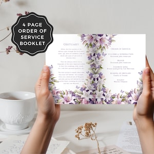 Modèle d'ordre de service commémoratif | Programme des funérailles | à la mémoire d'un amoureux Célébration de la vie | Papillons violets | Livret d'enterrement floral
