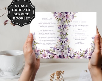 Plantilla de programa funerario de mariposa morada: Celebración de la vida (Canva editable)