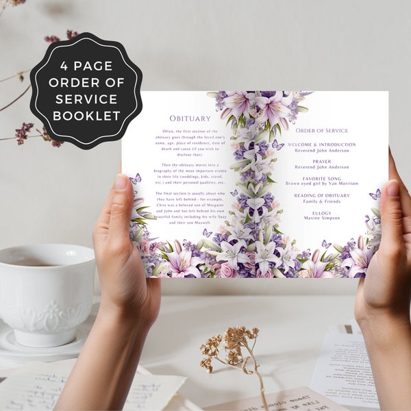 Memorial Order of Service Template | Funeral Program | In Loving Memory Celebration Of Life | Purple Butterflies | Floral Burial Booklet