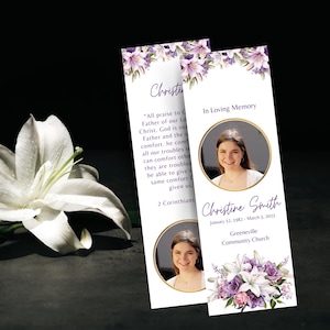 Modèle imprimable de marque-page commémoratif, cadeau personnalisé pour service funéraire papillon, idées cadeaux, carte cadeau souvenir personnalisée, roses lavande