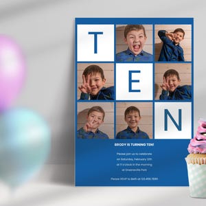 Birthday Invitation for Boy's 10th Birthday Invite for Ten Year Old Party Decor Colorful Blocks with Photos of Kids Tenth Celebration