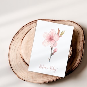 Welkomstkaart baby, afdrukbare babyshowerkaart voor nieuwe ouders, geboortemaand maart bloem, aquarel kersenbloesem narcis voor pasgeborene