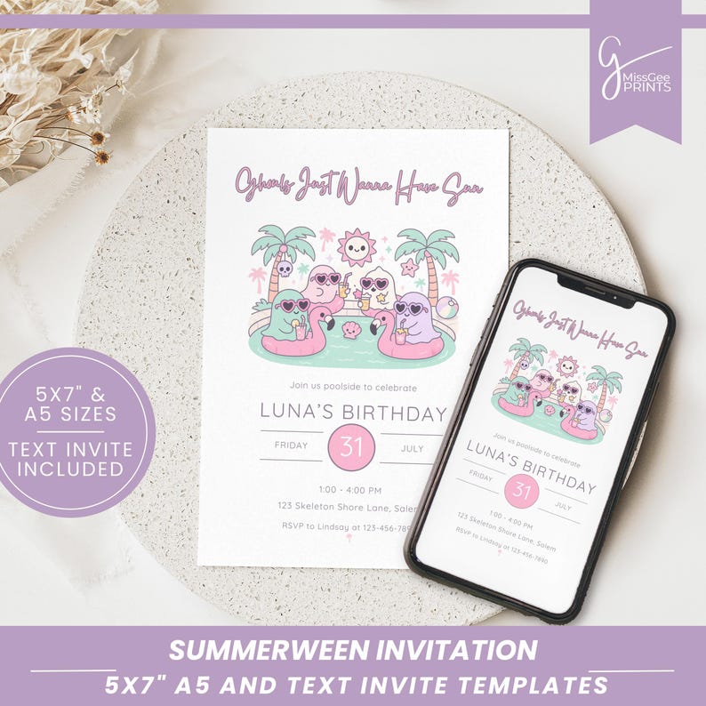 White Summerween invitation and text invite are shown on a neutral background.