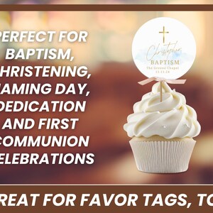 May include: A cupcake with white frosting and a decorative topper for a baptism celebration. The topper is a white circle with a gold cross and the name "Christopher" and the date "11.11.24". Text on the image reads "Perfect for Baptism, Christening, Naming Day, Dedication and First Communion Celebrations."