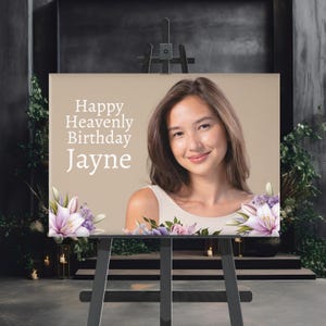 Placa de feliz aniversário celestial, pôster memorial personalizado, presente de luto para impressão em memória amorosa, design de placa de quintal de lembrança personalizada