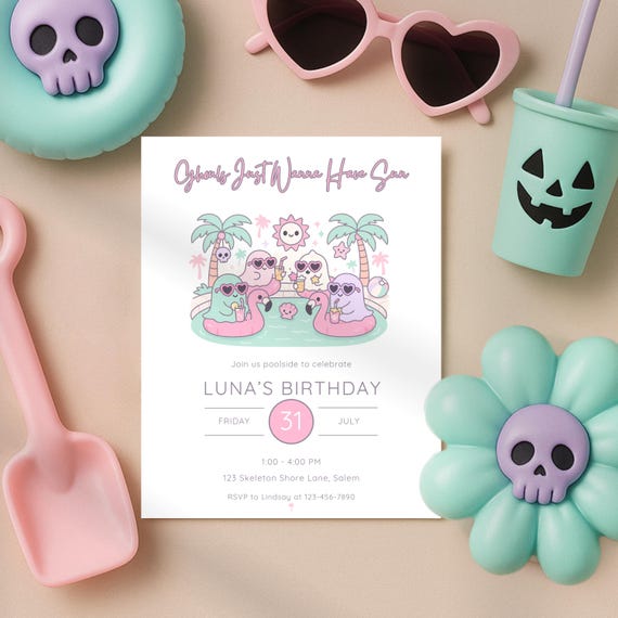 Summerween Birthday Invitation, Spooky Pool Party, Pastel Goth Ghosts (Editable Template)
