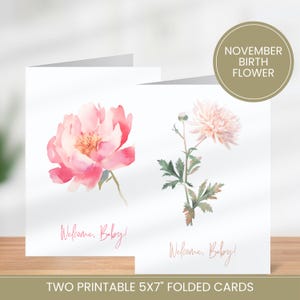 Afdrukbare babyshowerkaart voor nieuwe ouders, welkomstkaart, geboortemaand november, bloem, aquarel chrysant pioenroos cadeau voor pasgeborene